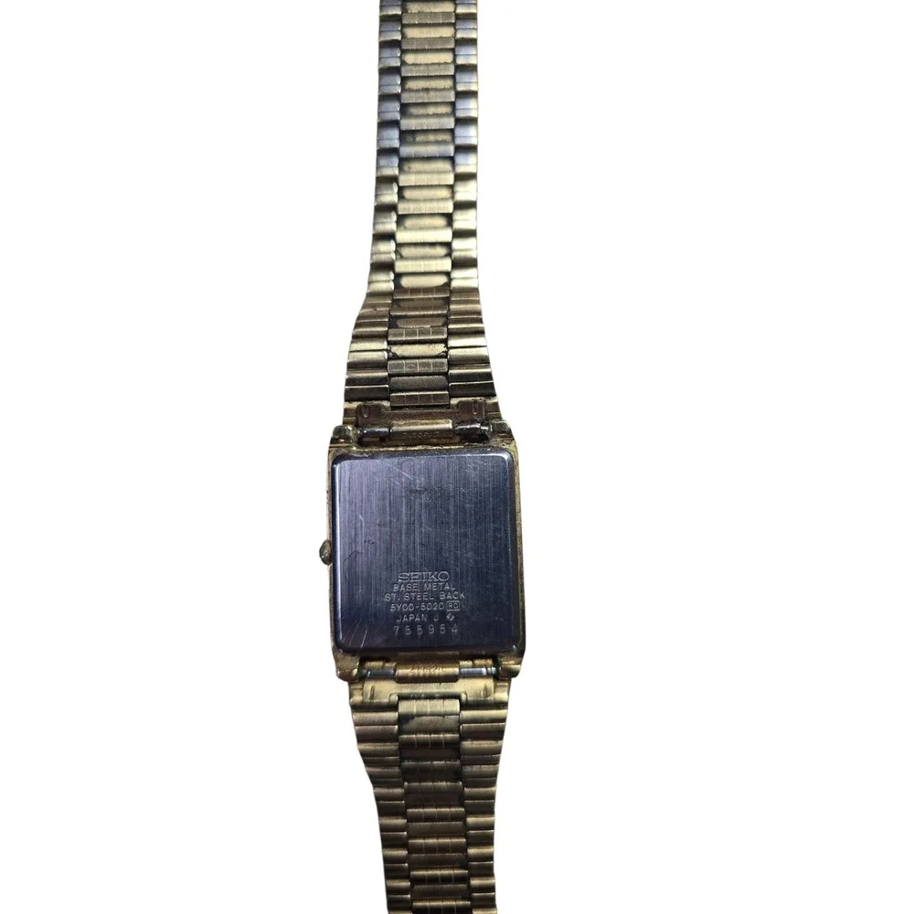 Seiko Quartz Vintage Gold Tone Rectangular Dress Watch 5Y30-5020 with Box